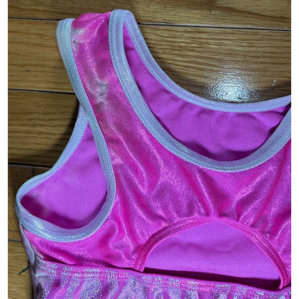 Destira Girls Pink Zebra Metallic Glitter Gymnastics Leotard Cutout Back Size M